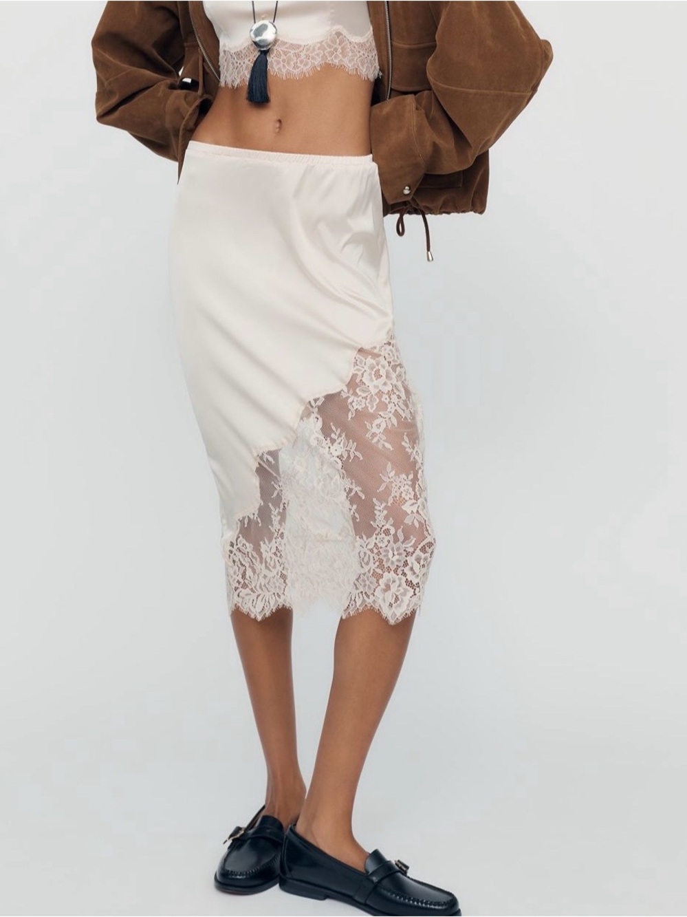 Anthropologie Lace Trim Midi Slip Skirt Cream Small